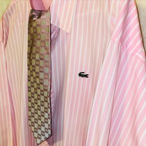 LACOSTE Men’s Pink & White Striped French Cuff Dress Shirt With Tie Size XXXL